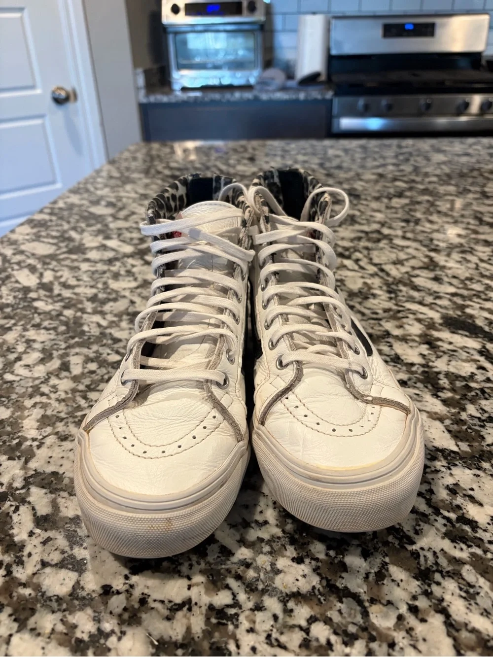 Vans White High-Top Sneakers with Black Stripe and Leopard Lining
